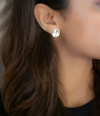 Icy Cushion Gold Plated Stud Earrings