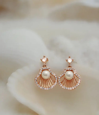 Seashell Pearl Drop Rose Gold Earrings