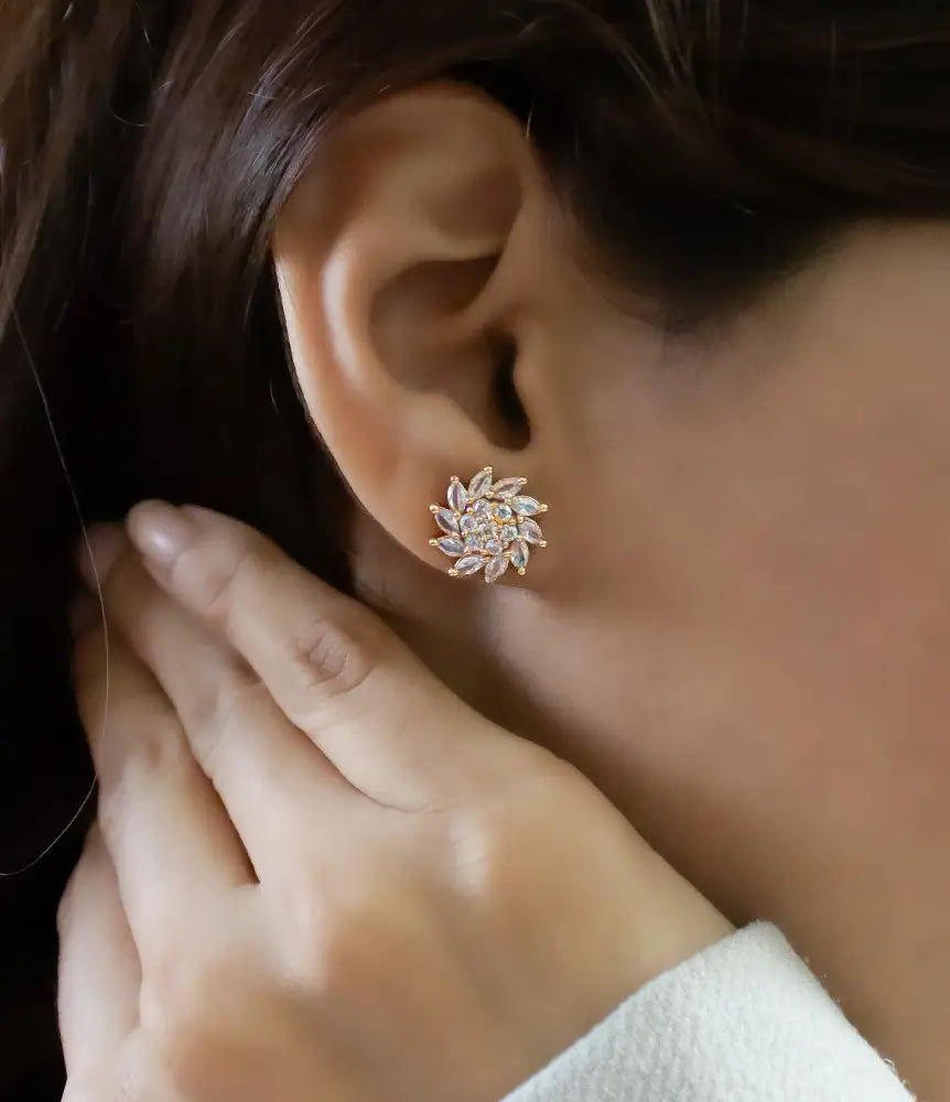 White Floral Cluster Rose Gold Stud Earrings