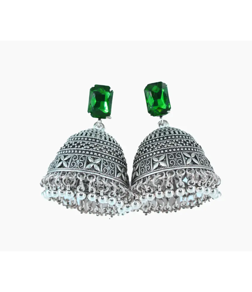 Royal Midnight Jhumka with Deep Green Stones