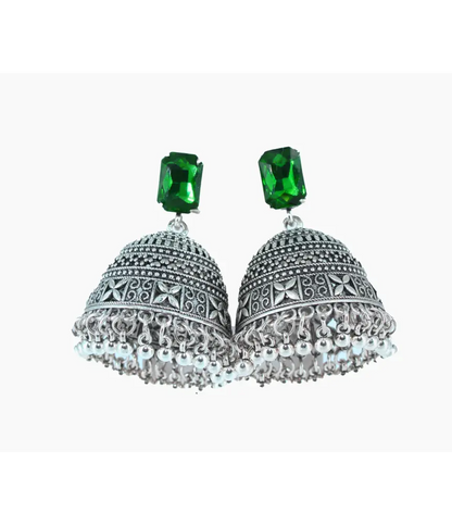 Royal Midnight Jhumka with Deep Green Stones